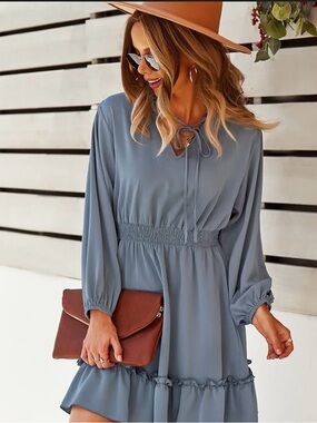 Blue Long-Sleeve Smocked Waist Women's Dress